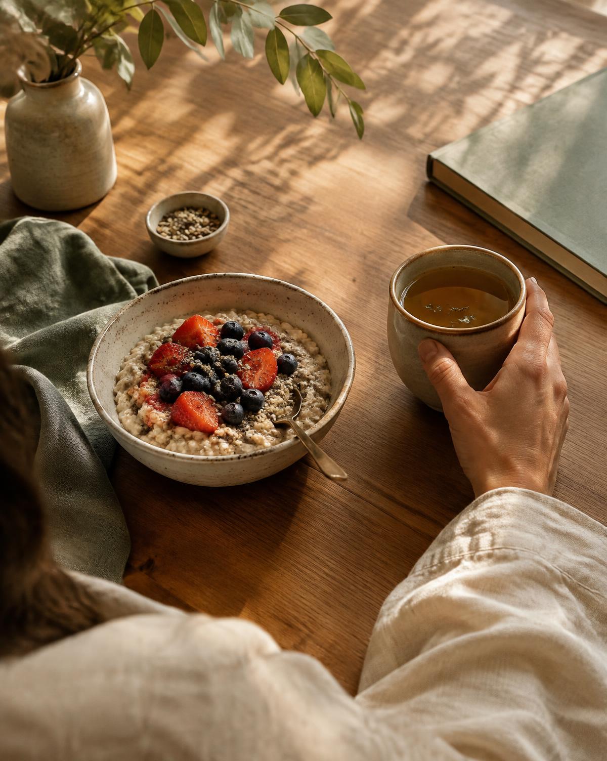 Petit-déjeuner simple : porridge aux fruits rouges et tasse de thé